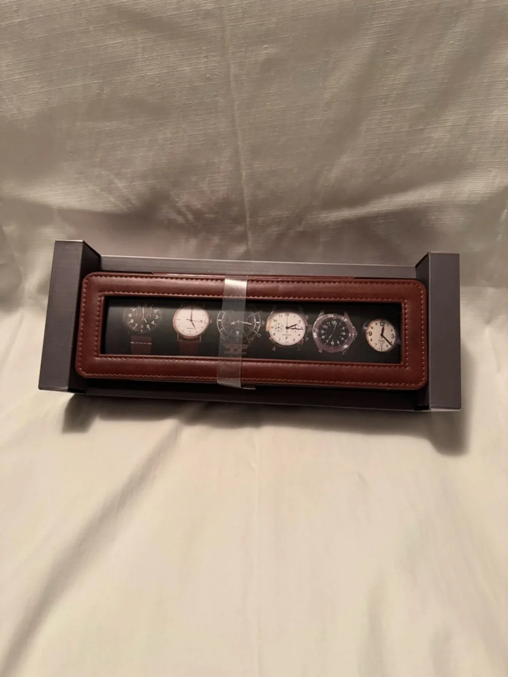 Woodburry 6-Piece Watch Case Rich Brown Faux Leather with Glass Display Lid